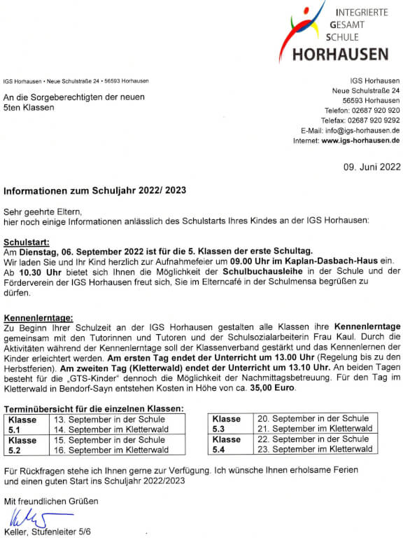 IGS Horhausen - Elternbrief neue 5er Sj 2022/2023