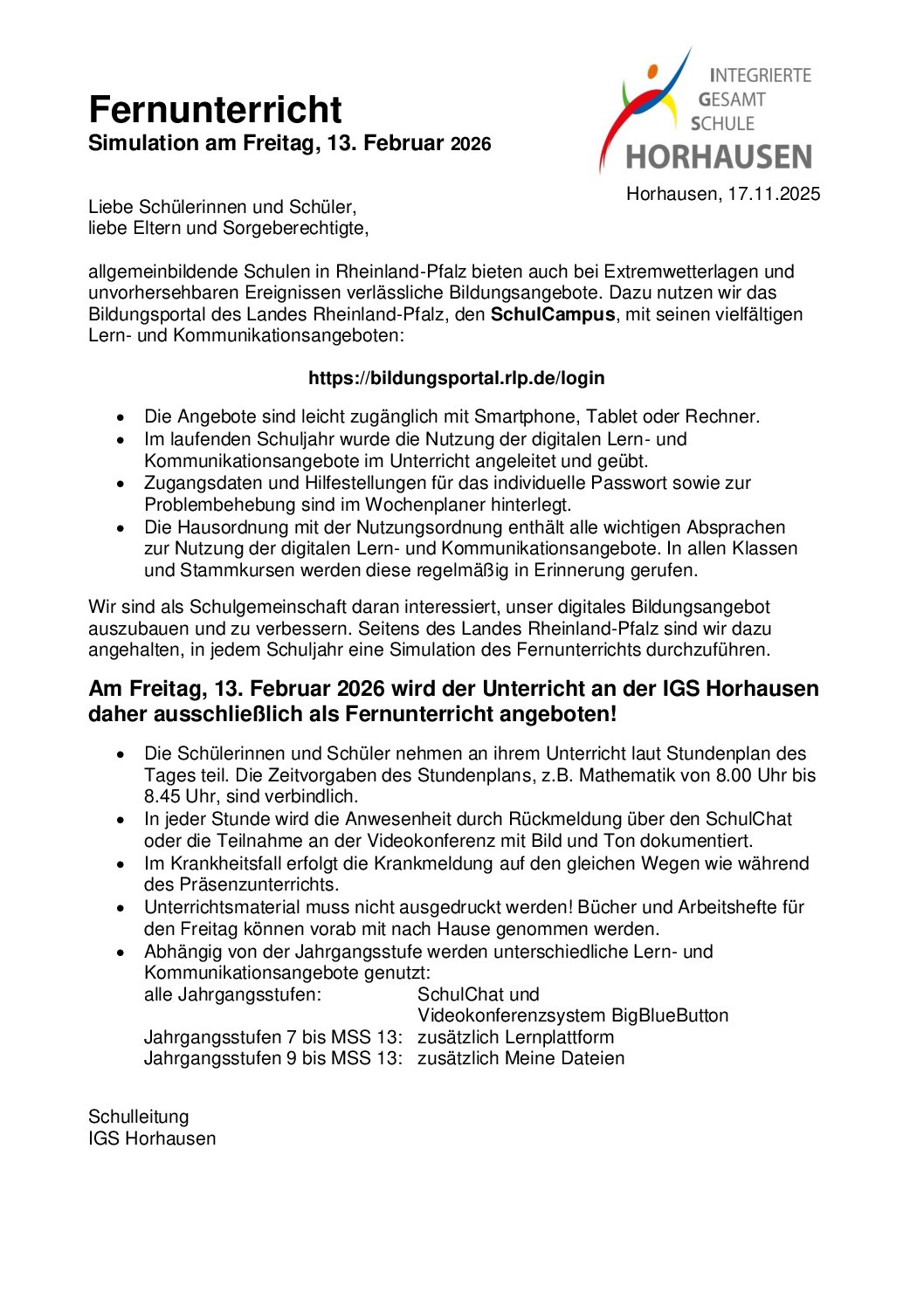 Fernunterricht – Simulation am Freitag, 13. Februar 2026